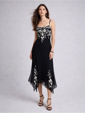 Vintage Jkara Beaded Sequin Slip Dress 6 Black White Floral Asym Midi